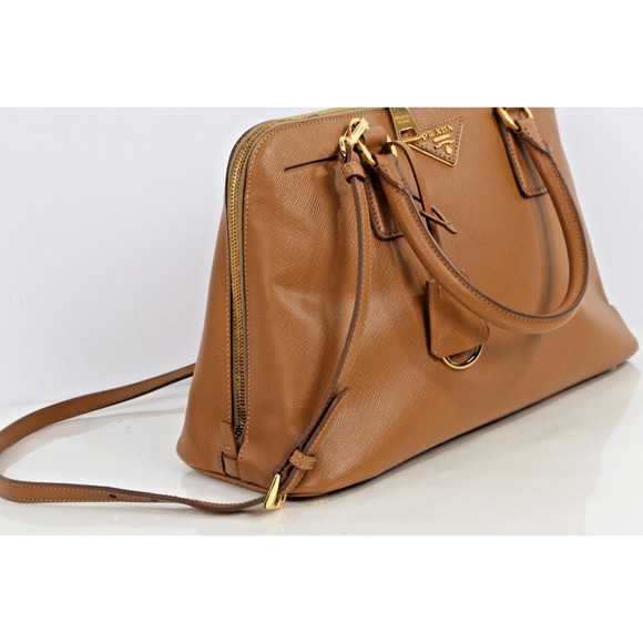 Prada Saffiano Lux Promenade Tan Brown Leather Double Zip Medium Satchel Bag - Picture 5 of 16